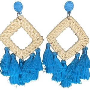 Statement Earrings Blue Tassels Woven Straw Pierced Dangle Lightweight Geometric